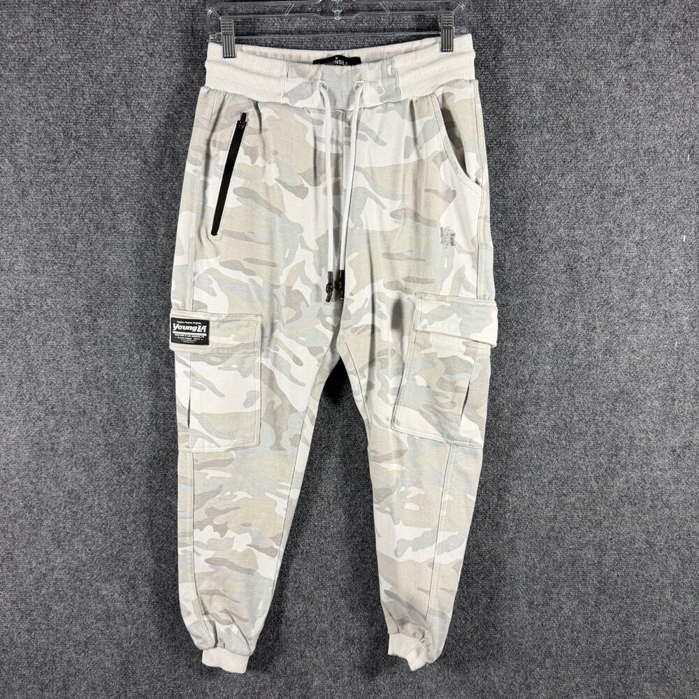 YoungLA Camo Cargo Jogger Pants Mens M White Gray Gym Streetwear Sweatpants